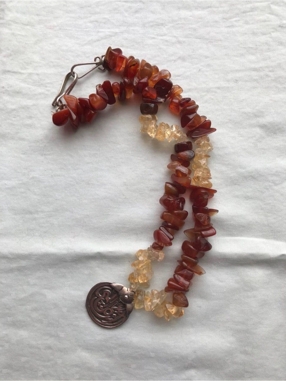 Carnelian and Citrine Chip Bead Necklace with Antique-Style sterling Pendant